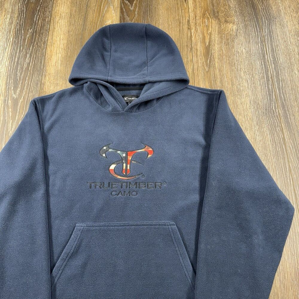 TrueTimber Camo Hoodie Mens L Navy Blue Sweatshirt USA Flag Logo Fleece Sweater